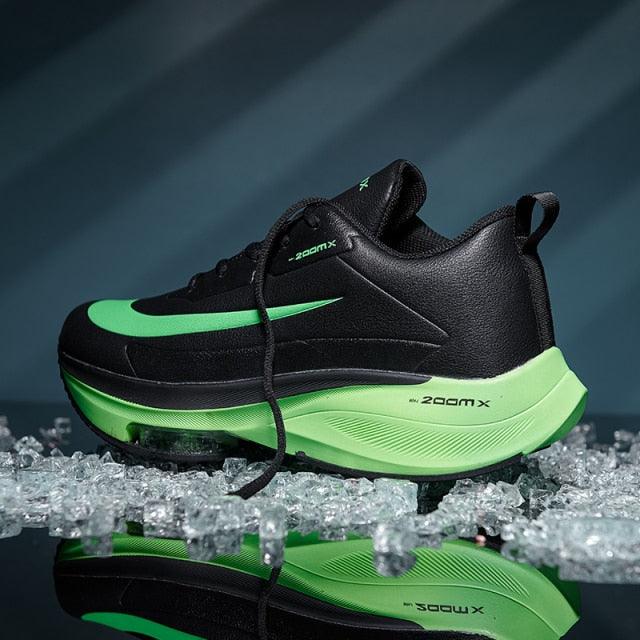 Stevvex men's running sneakers black upper with green outsole air-cushioned midsole on Tampa Home & Garden Store