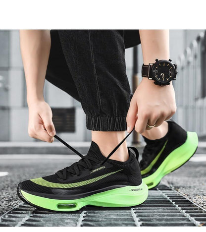 Stevvex mens running sneakers black mesh with neon green stripe and air sole lace-up on Tampa Home & Garden Store