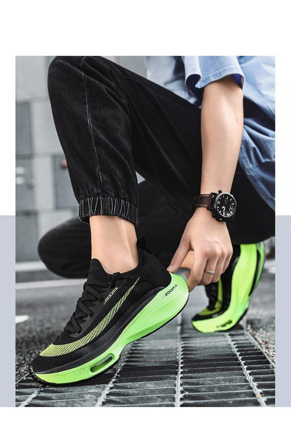 Stevvex men's running sneakers, black knit upper and neon-green air-cushioned sole on Tampa Home & Garden Store