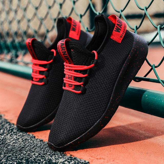 Stevvex men's running sneakers black knit with red laces, breathable lightweight on Tampa Home & Garden Store