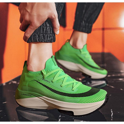 Mens running sneakers Stevvex green knit upper with black side stripe air cushion sole pair on Tampa Home & Garden Store