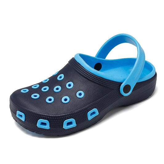 Stevvex men's navy blue garden clogs with light blue vent holes and back strap on Tampa Home & Garden Store