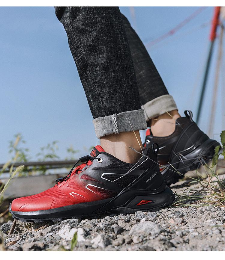 Stevvex men's athletic hiking shoes red and black pair with max grip outsole on trail on Tampa Home & Garden Store