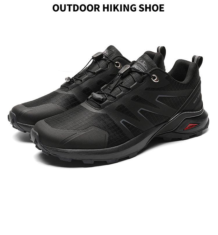 Mens Stevvex outdoor hiking shoes pair in black breathable mesh with rugged non-slip outsole on Tampa Home & Garden Store
