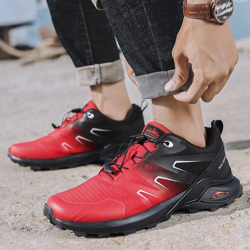 Stevvex men's athletic hiking shoes red/black, breathable mesh, rugged sole, 2 pairs shown on Tampa Home & Garden Store