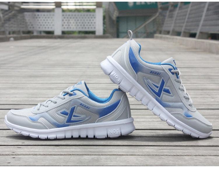 Mens running sneakers Stevvex white gray mesh with blue breathable lightweight athletic shoes pair on Tampa Home & Garden Store