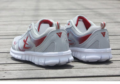 Stevvex men's sport running sneakers, breathable white/gray mesh with red accents, pair on Tampa Home & Garden Store