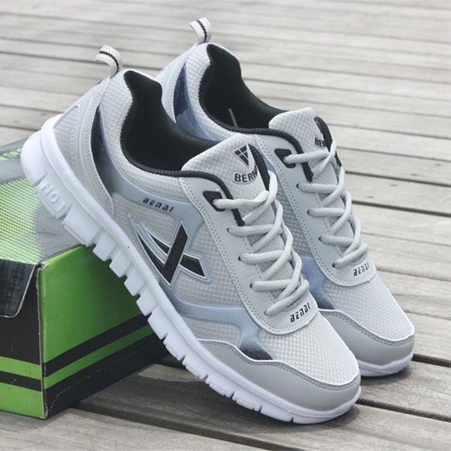 Mens Stevvex running sneakers, breathable mesh, light weight athletic shoes in white gray on Tampa Home & Garden Store