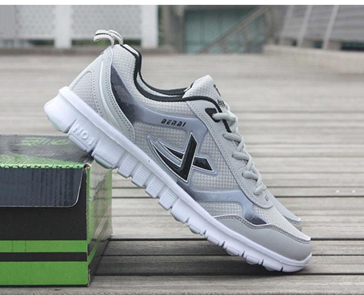 Mens running sneakers Stevvex, breathable mesh upper, lightweight gray/white athletic shoe on Tampa Home & Garden Store