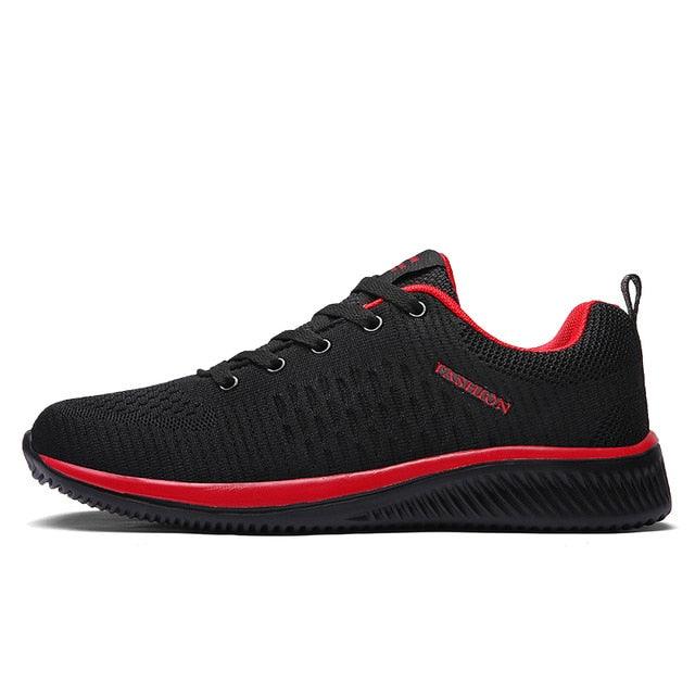 Mens black mesh running sneakers with red midsole stripe, breathable lace-up athletic shoes on Tampa Home & Garden Store