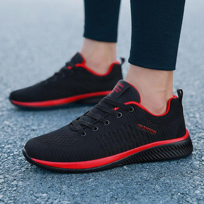 Stevvex men's running sneakers, black mesh upper with red trim, breathable walking shoes on Tampa Home & Garden Store