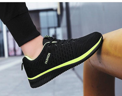 Mens Sport Running Sneakers Stevvex black mesh with neon lime sole on Tampa Home & Garden Store