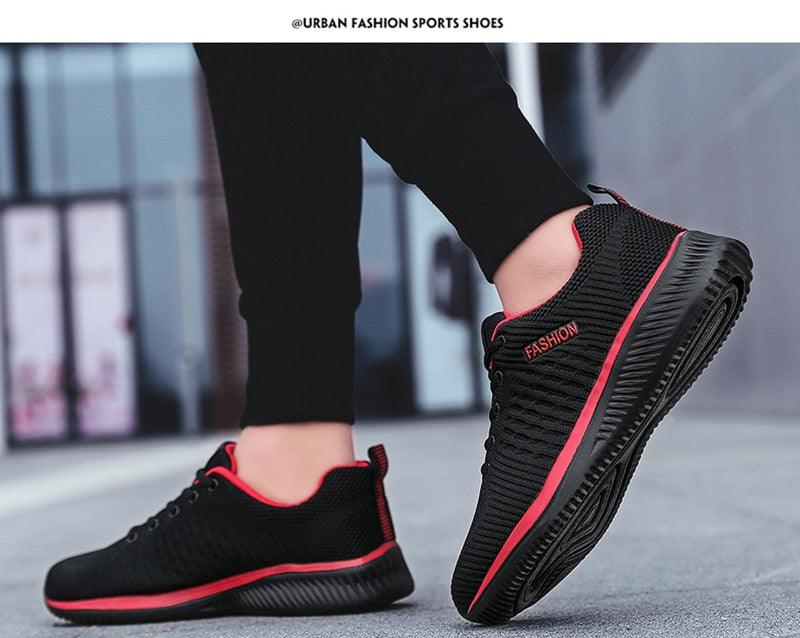 Men's sport running sneakers black mesh with red accents, breathable casual walking trainers on Tampa Home & Garden Store