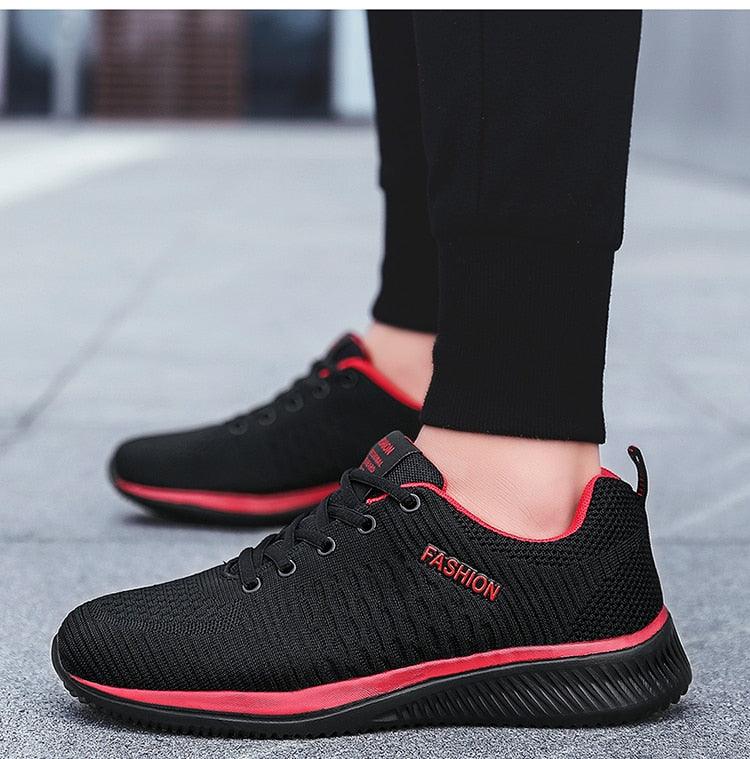 Stevvex Mens Sport Running Sneakers breathable black mesh with red trim on Tampa Home & Garden Store