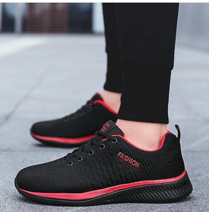 Stevvex Mens Sport Running Sneakers breathable black mesh with red trim on Tampa Home & Garden Store