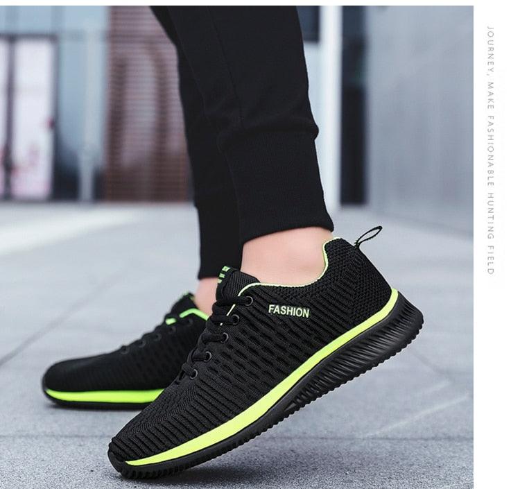 Mens sport running sneakers black mesh with neon lime sole breathable trainers fashion branding on Tampa Home & Garden Store