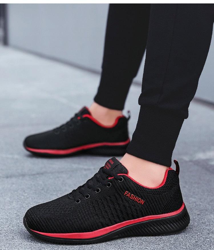 Mens sport running sneakers black breathable mesh with red trim by Stevvex on Tampa Home & Garden Store