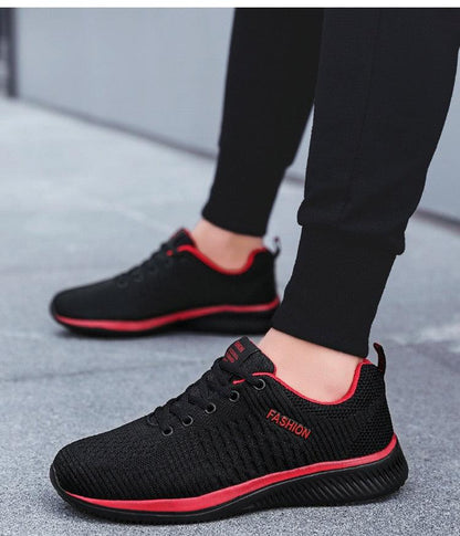 Mens sport running sneakers black breathable mesh with red trim by Stevvex on Tampa Home & Garden Store