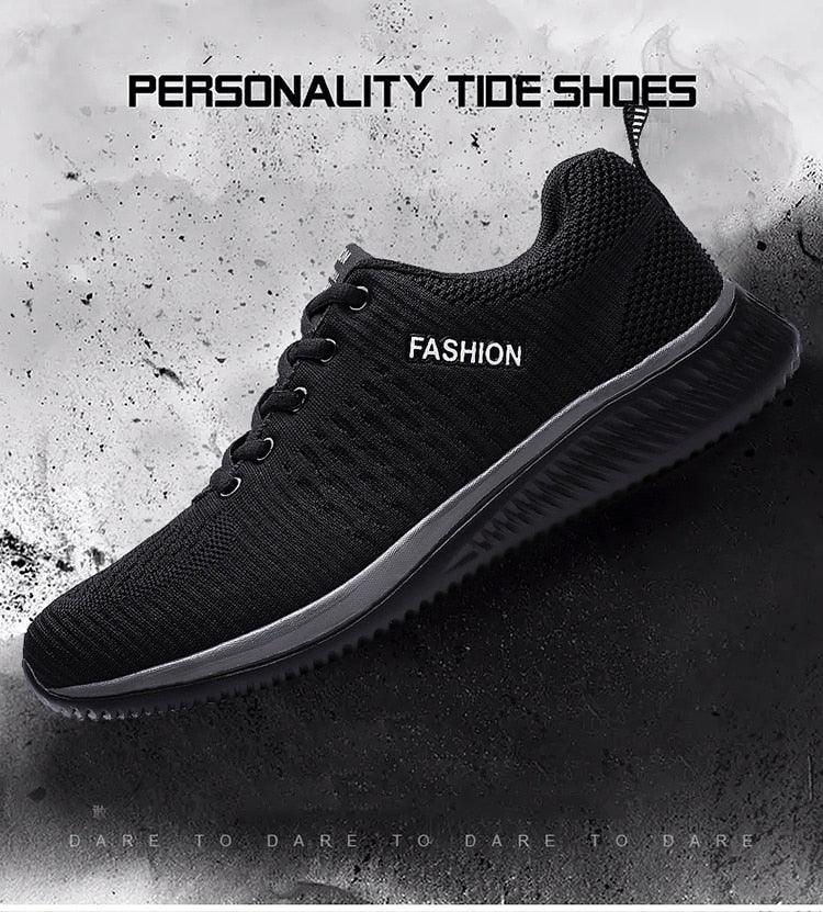 Men's sport running sneakers with black knit mesh upper and breathable design on Tampa Home & Garden Store