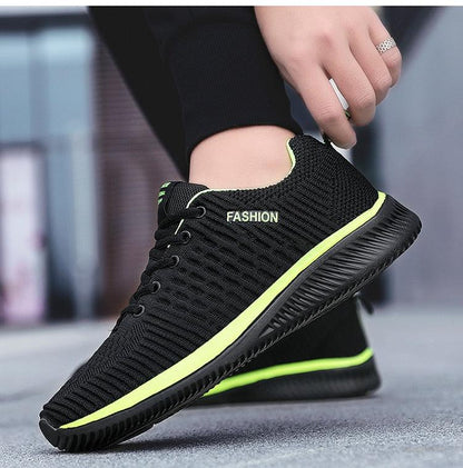 Mens sport running sneakers Stevvex black knit mesh with neon lime stripe and FASHION branding on Tampa Home & Garden Store