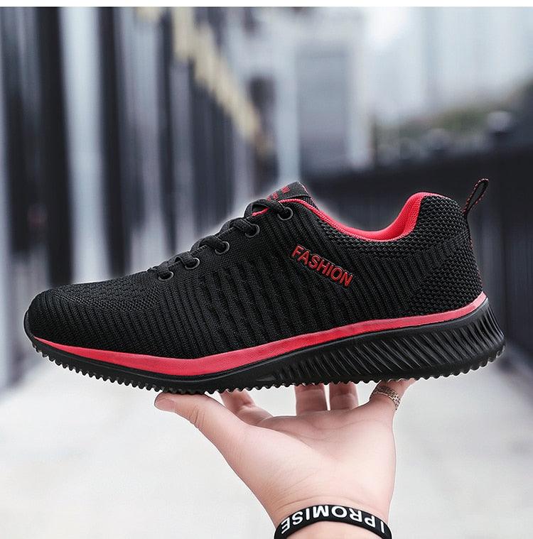 Mens sport running sneakers black mesh with red accents Stevvex breathable casual walking shoes on Tampa Home & Garden Store