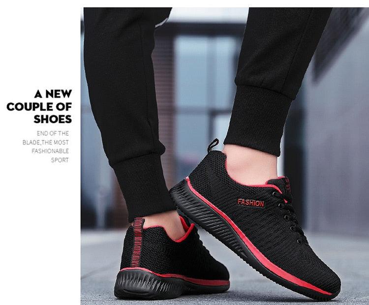 Mens Sport Running Sneakers by Stevvex, black mesh with red trim, breathable casual shoes on Tampa Home & Garden Store