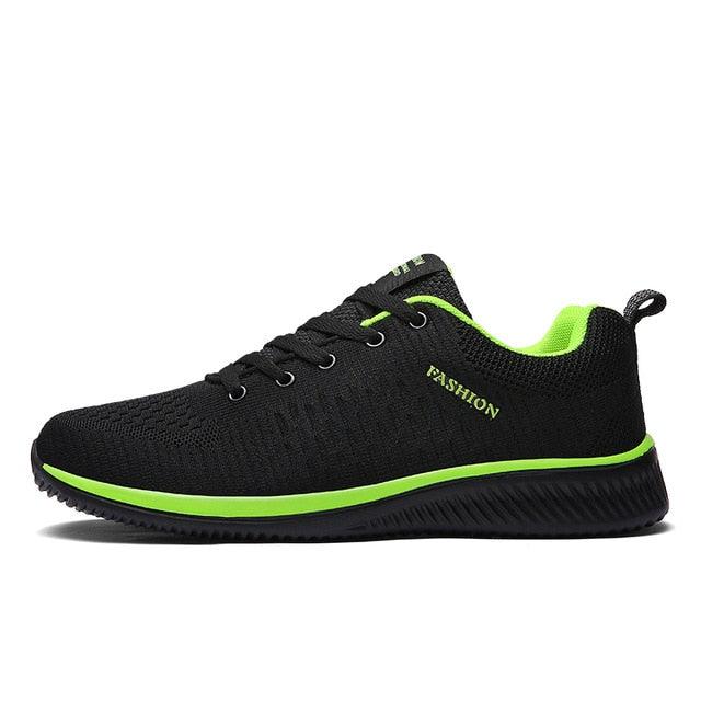 Mens sport running sneakers by Stevvex Black mesh with neon green accents for comfort on Tampa Home & Garden Store