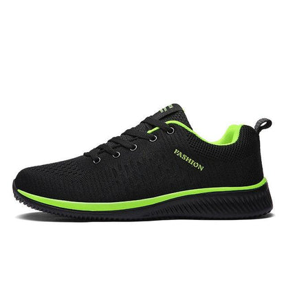 Mens sport running sneakers by Stevvex Black mesh with neon green accents for comfort on Tampa Home & Garden Store