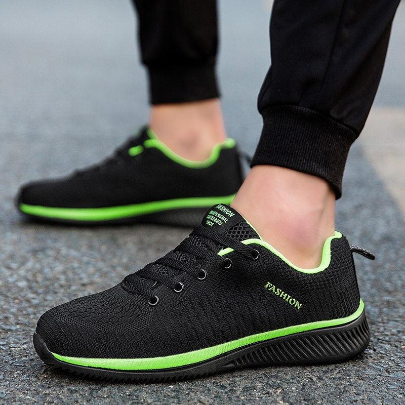 Men's running sneakers black mesh upper with neon green trim, breathable walking shoes on Tampa Home & Garden Store