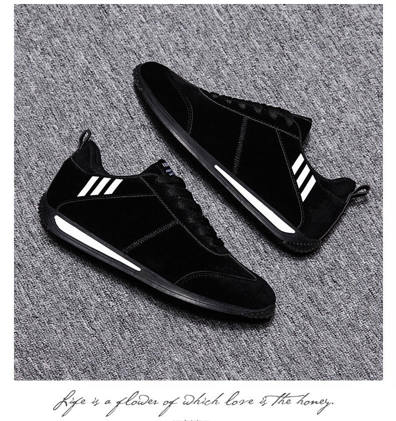 Stevvex Sneakers black pair with white side stripes, casual athletic non slip footwear on Tampa Home & Garden Store