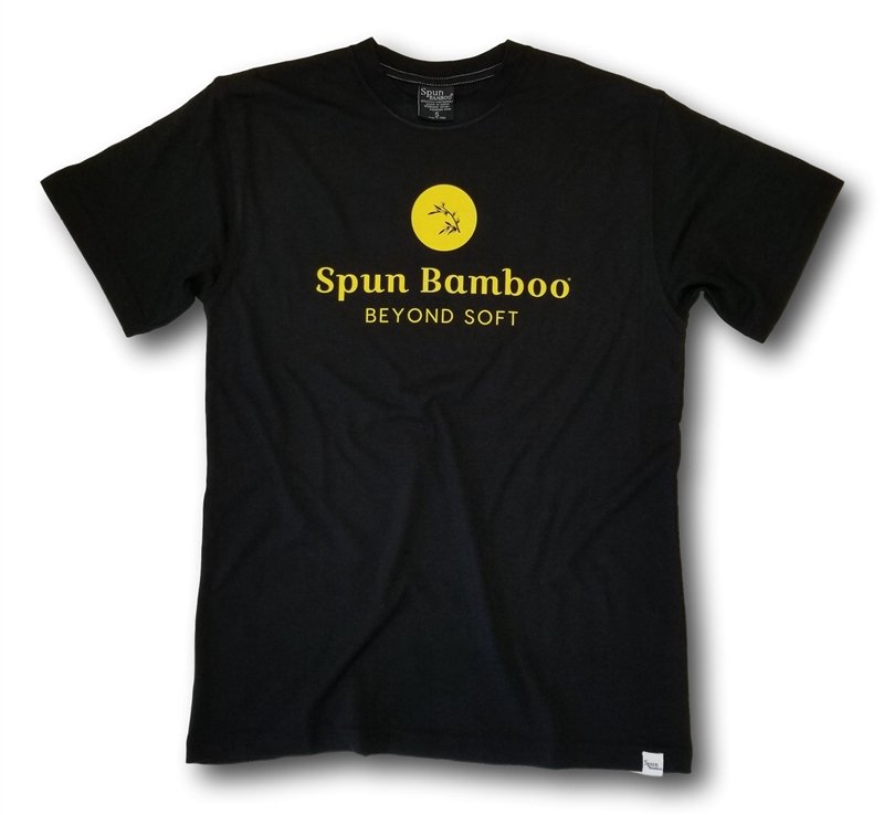 Men's black Spun Bamboo logo T-shirt, viscose/organic cotton, yellow circle bamboo graphic on Tampa Home & Garden Store