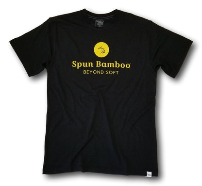 Men's black Spun Bamboo logo T-shirt, viscose/organic cotton, yellow circle bamboo graphic on Tampa Home & Garden Store