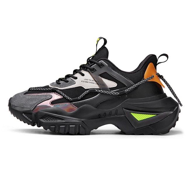Stevvex men's chunky height-boost sneakers with black mesh orange heel tab neon lime sole accents on Tampa Home & Garden Store