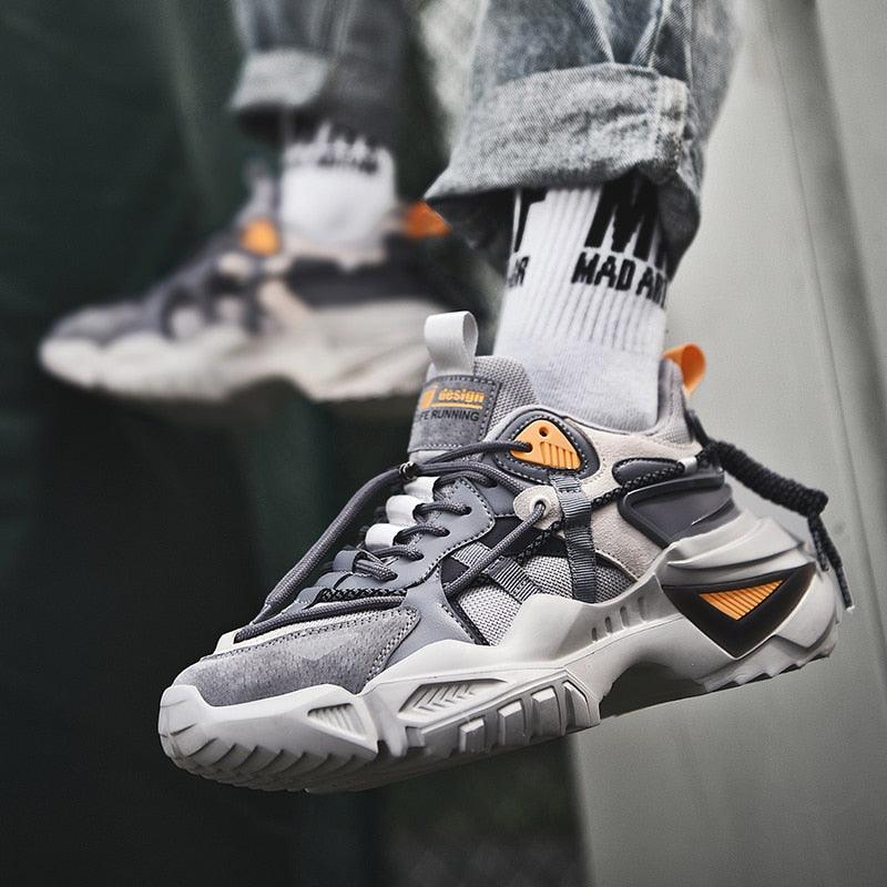 Mens chunky Stevvex sneakers grey suede mesh upper with orange accents and thick sole on Tampa Home & Garden Store