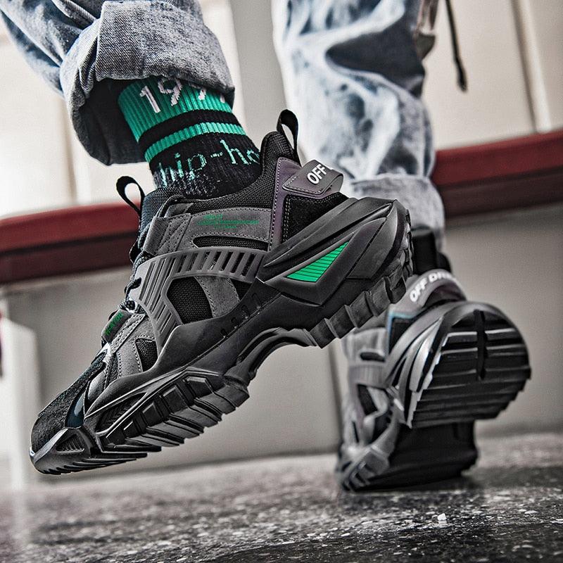 Stevvex mens chunky sneakers with thick sole, black/gray upper and green accents on Tampa Home & Garden Store