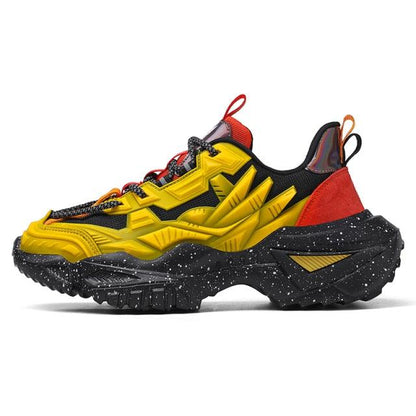 Stevvex mens chunky sneakers with yellow upper and black mesh, red heel, speckled thick sole on Tampa Home & Garden Store