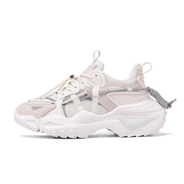 Mens Stevvex chunky white sneakers with thick sole, mesh panels and pull tabs on Tampa Home & Garden Store