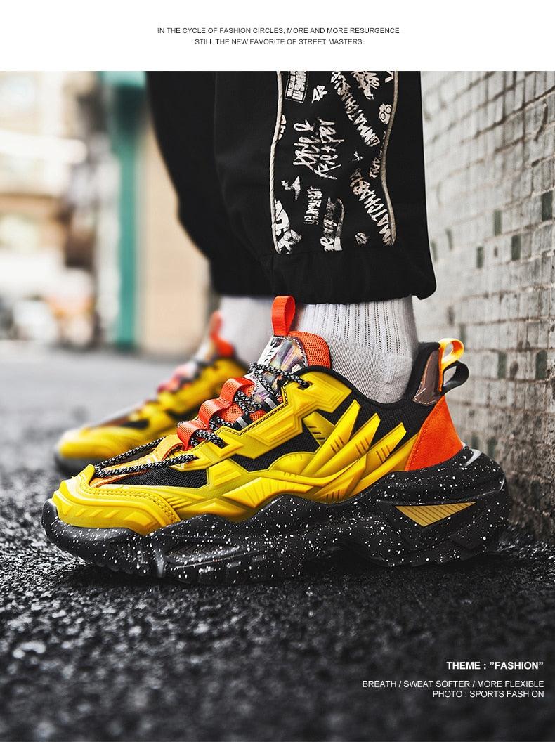 Mens chunky sneakers yellow black orange with thick speckled sole Stevvex on Tampa Home & Garden Store