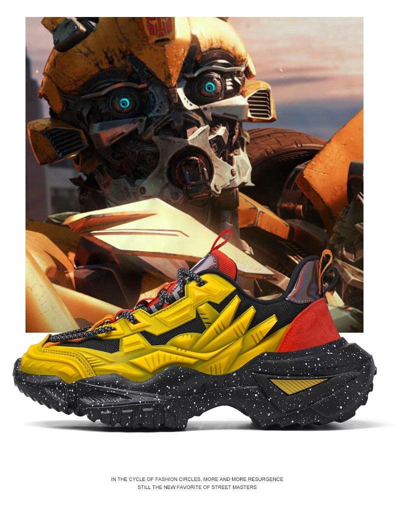 Stevvex men's chunky sneakers with yellow/black upper, red heel, speckled thick sole on Tampa Home & Garden Store