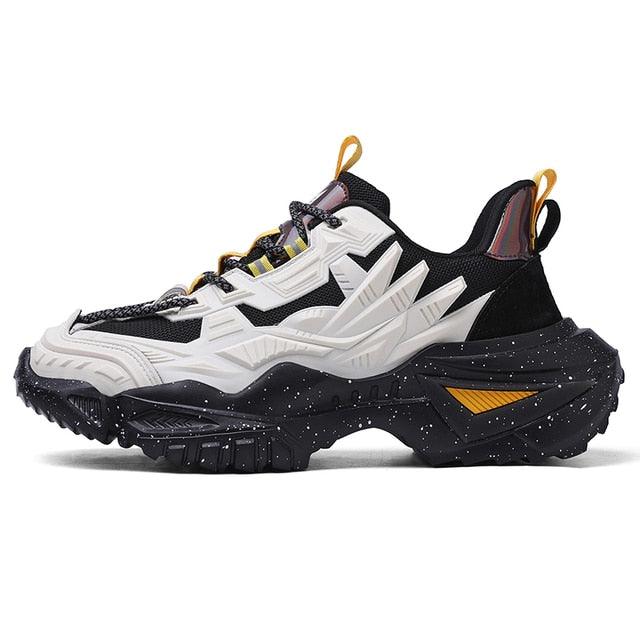 Stevvex mens chunky sneakers white/black upper with thick speckled sole and yellow tabs on Tampa Home & Garden Store