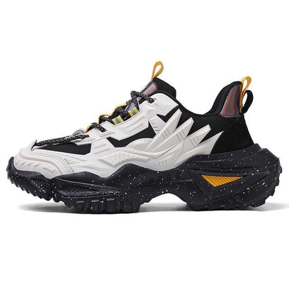 Stevvex mens chunky sneakers white/black upper with thick speckled sole and yellow tabs on Tampa Home & Garden Store