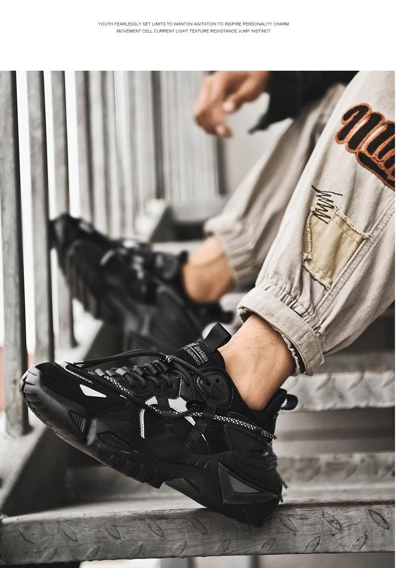 Stevvex Mens chunky black sneakers with thick sole and rugged panels Sneakers on Tampa Home & Garden Store