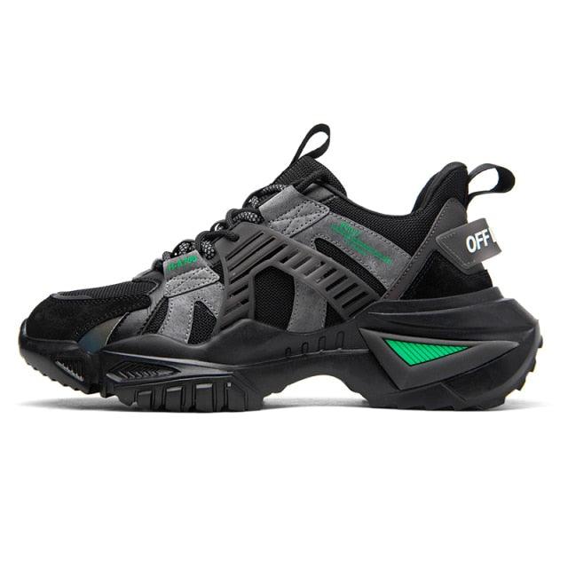 Mens Stevvex chunky sneakers black gray with green accents thick sole high-top walking shoe on Tampa Home & Garden Store