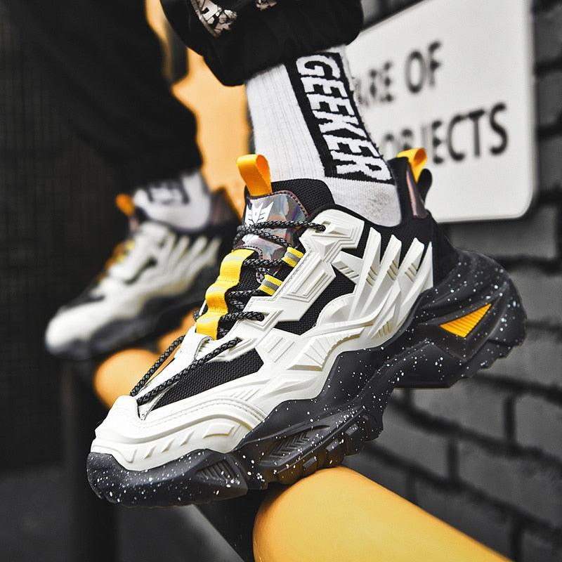 Stevvex men's chunky sneakers with thick sole in white, black and yellow accents on Tampa Home & Garden Store