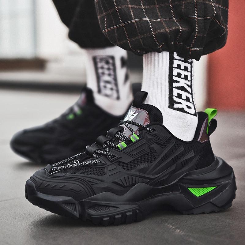 Stevvex men's chunky sneakers with thick sole, black with neon green accents on Tampa Home & Garden Store