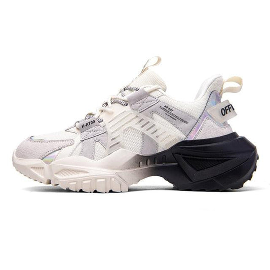 Mens Stevvex chunky sneakers white upper with iridescent accents and height-increasing thick sole on Tampa Home & Garden Store