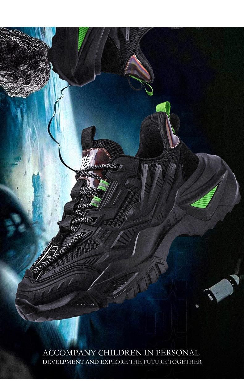 Stevvex men's chunky black sneakers with neon green accents and thick outsole on Tampa Home & Garden Store