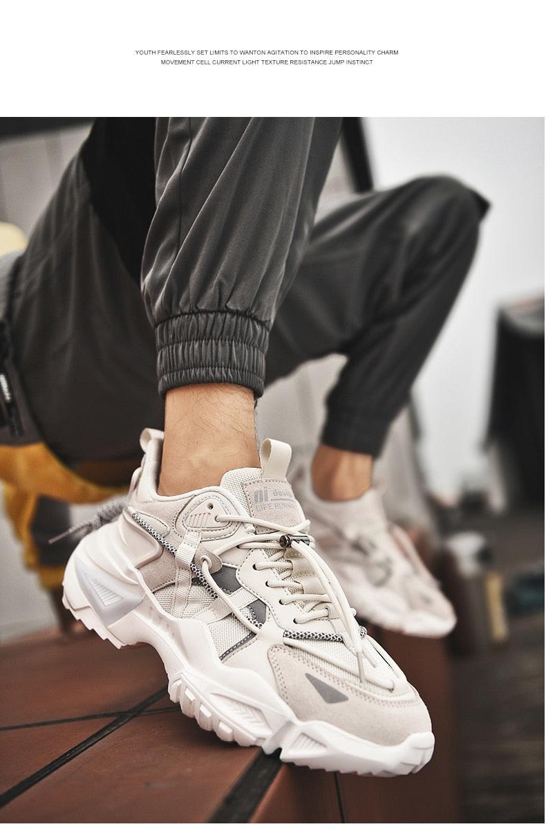 Mens chunky cream sneakers with thick sole, lace-up high-top casual walking shoes on Tampa Home & Garden Store