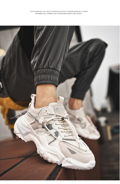 Mens chunky cream sneakers with thick sole, lace-up high-top casual walking shoes on Tampa Home & Garden Store