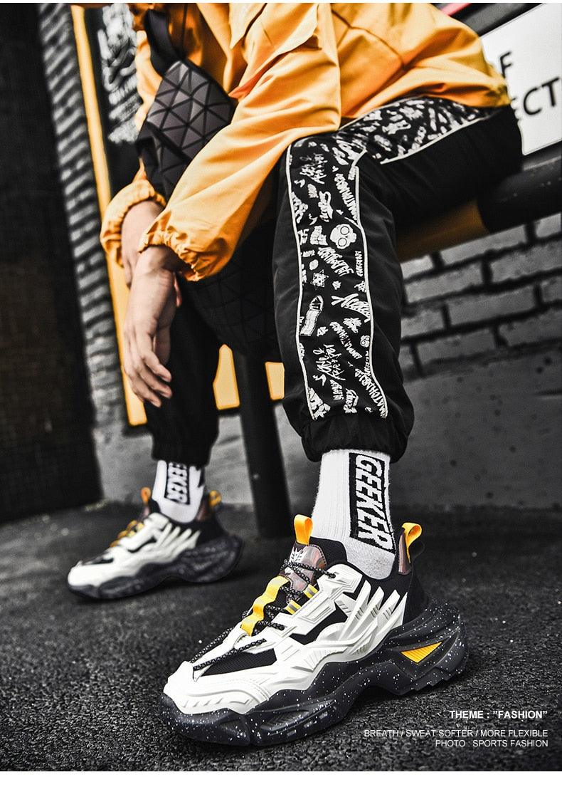 Stevvex chunky sneakers with thick sole, white/black/yellow accents, high-top walking shoes on Tampa Home & Garden Store